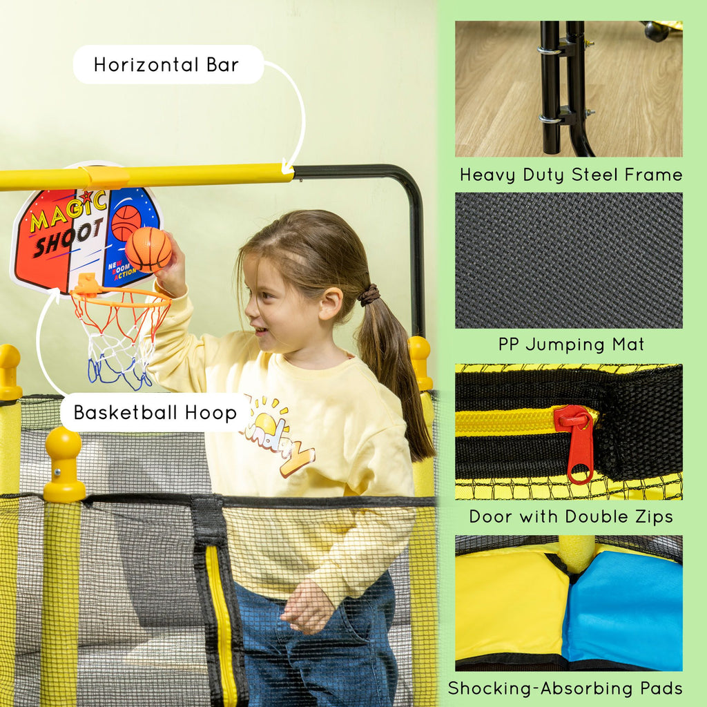 Yeah Depot - Qaba 4.6' Kids Trampoline with Basketball Hoop, Horizontal Bar, 55'' Indoor Trampoline with Net, Small Springfree Trampoline Gifts for Kids Toys, Ages 3-10, Yellow