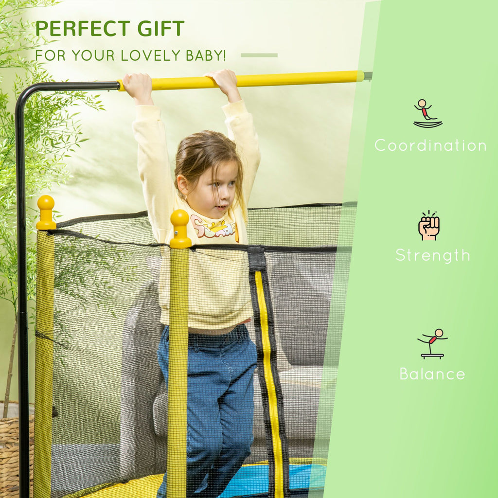Yeah Depot - Qaba 4.6' Kids Trampoline with Basketball Hoop, Horizontal Bar, 55'' Indoor Trampoline with Net, Small Springfree Trampoline Gifts for Kids Toys, Ages 3-10, Yellow