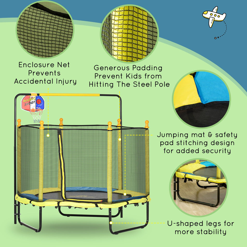 Yeah Depot - Qaba 4.6' Kids Trampoline with Basketball Hoop, Horizontal Bar, 55'' Indoor Trampoline with Net, Small Springfree Trampoline Gifts for Kids Toys, Ages 3-10, Yellow