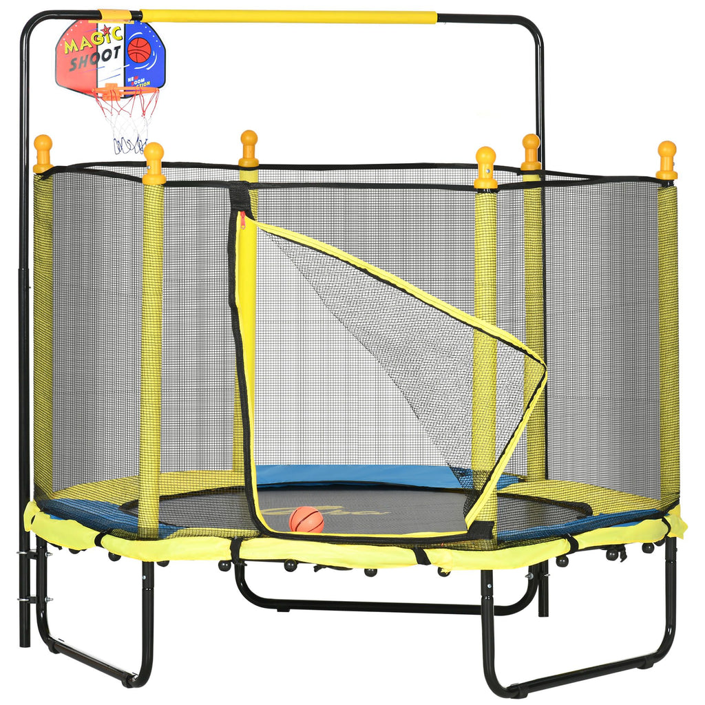 Yeah Depot - Qaba 4.6' Kids Trampoline with Basketball Hoop, Horizontal Bar, 55'' Indoor Trampoline with Net, Small Springfree Trampoline Gifts for Kids Toys, Ages 3-10, Yellow