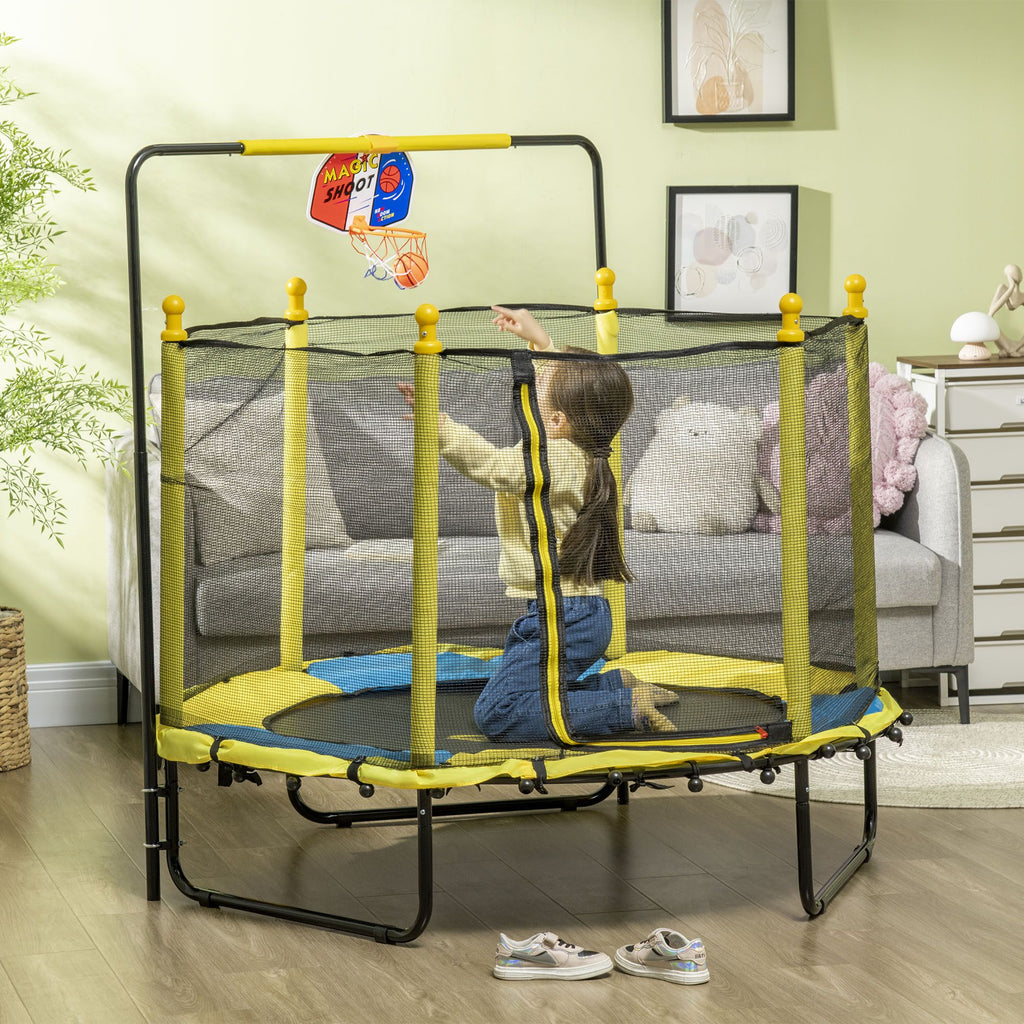 Yeah Depot - Qaba 4.6' Kids Trampoline with Basketball Hoop, Horizontal Bar, 55'' Indoor Trampoline with Net, Small Springfree Trampoline Gifts for Kids Toys, Ages 3-10, Yellow