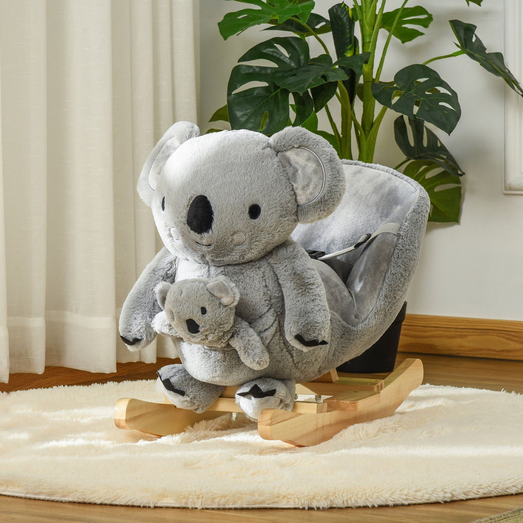 Yeah Depot - Qaba Kids Ride-On Rocking Horse, Koala-shaped Rocker with Realistic Sounds for Children 18-36 Months, Gray