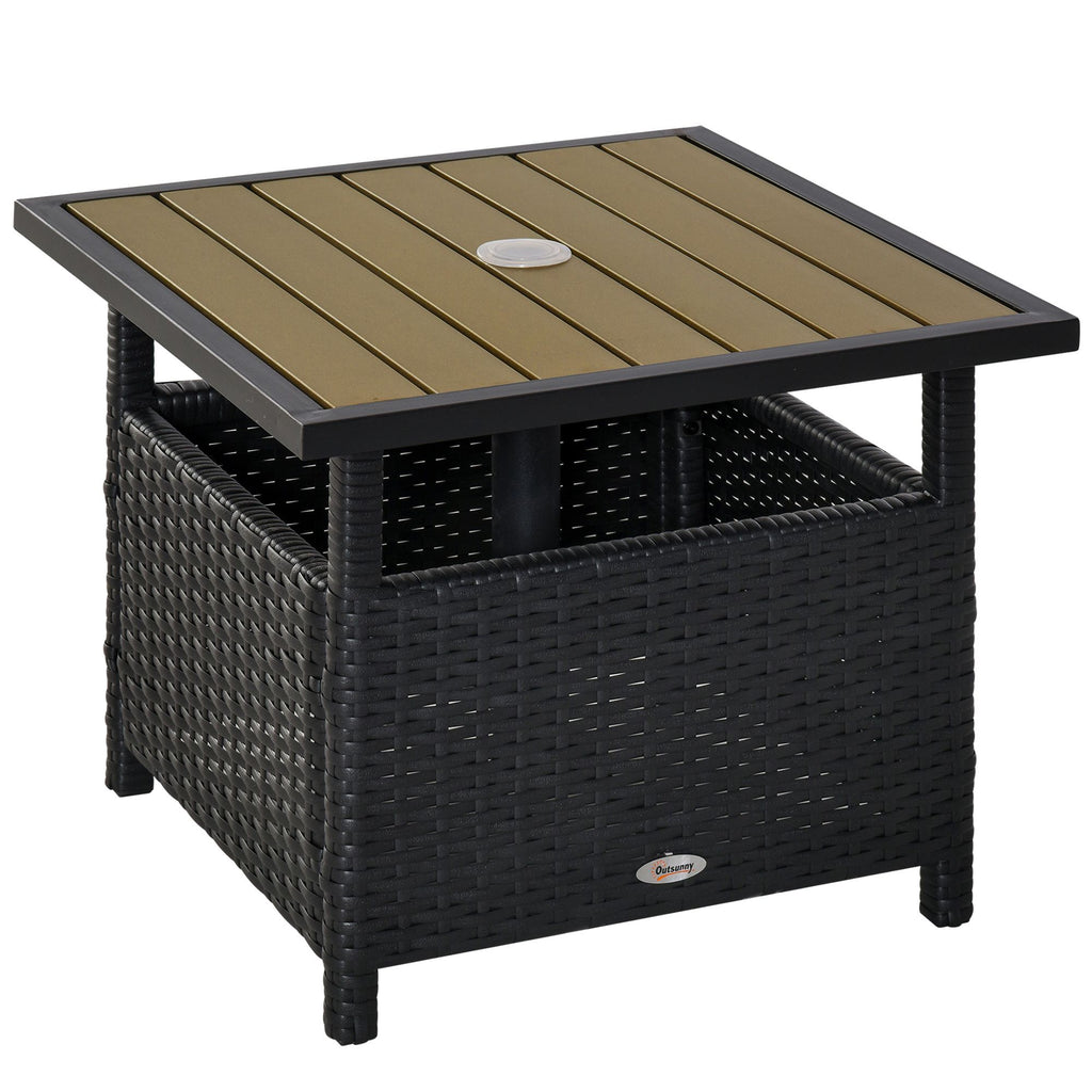 Yeah Depot - Outsunny 22'' Rattan Wicker Side Table with Steel Frame, Umbrella Insert Hole, Sand Bag for Outdoor, Patio, Garden, Backyard, Black & Tan