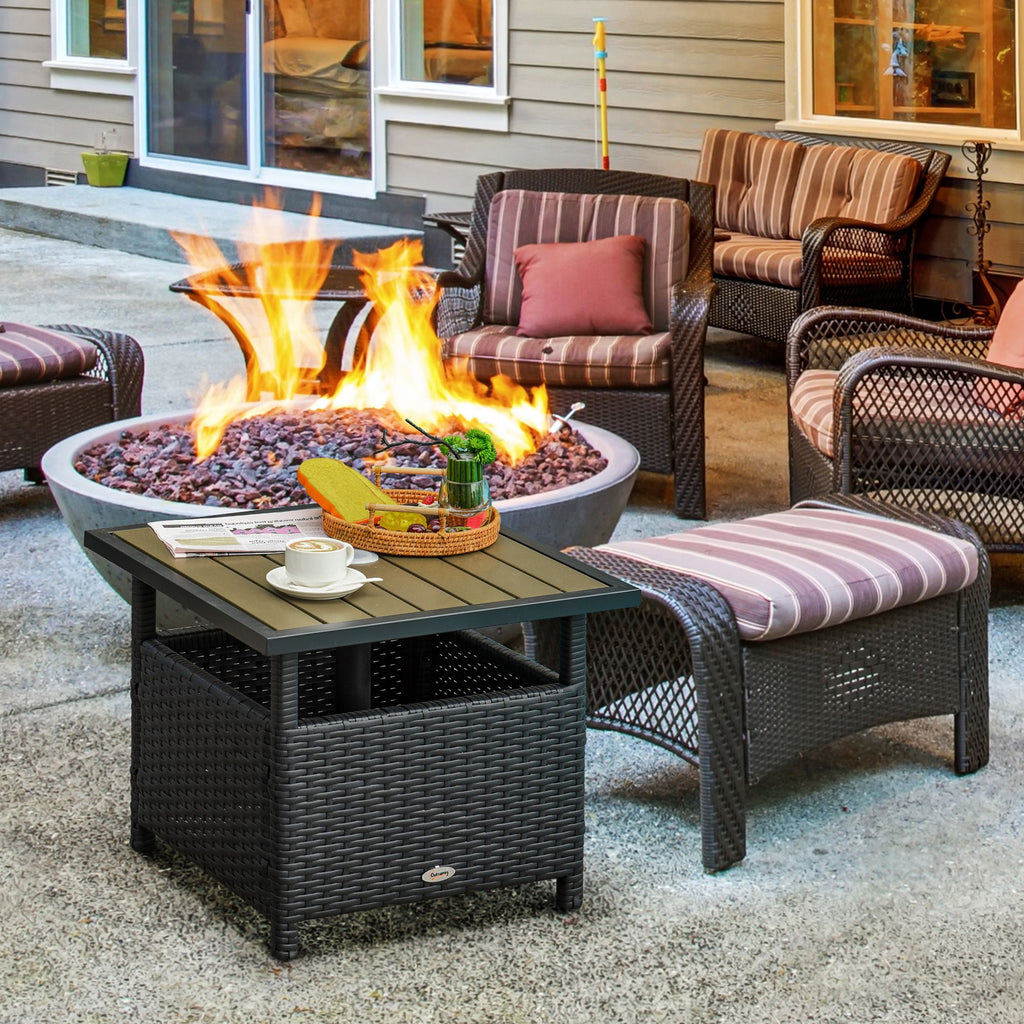 Yeah Depot - Outsunny 22'' Rattan Wicker Side Table with Steel Frame, Umbrella Insert Hole, Sand Bag for Outdoor, Patio, Garden, Backyard, Black & Tan