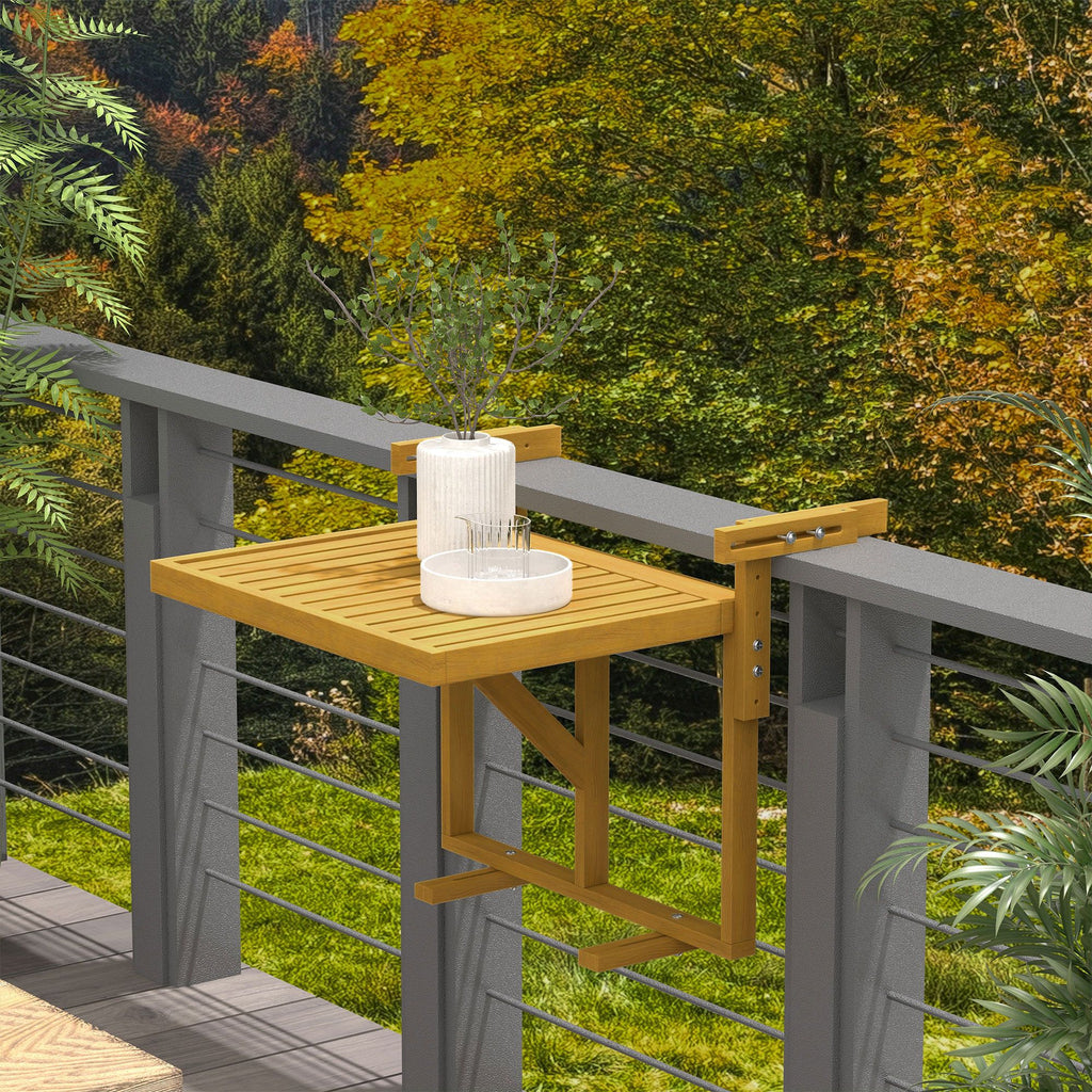Yeah Depot - Outsunny Balcony Railing Table, Outdoor Folding Hanging Table / Desk, Space Saving 4 Height Adjustable Wood Balcony Bar Table for Serving Food, Flower Stand, Studying, Natural