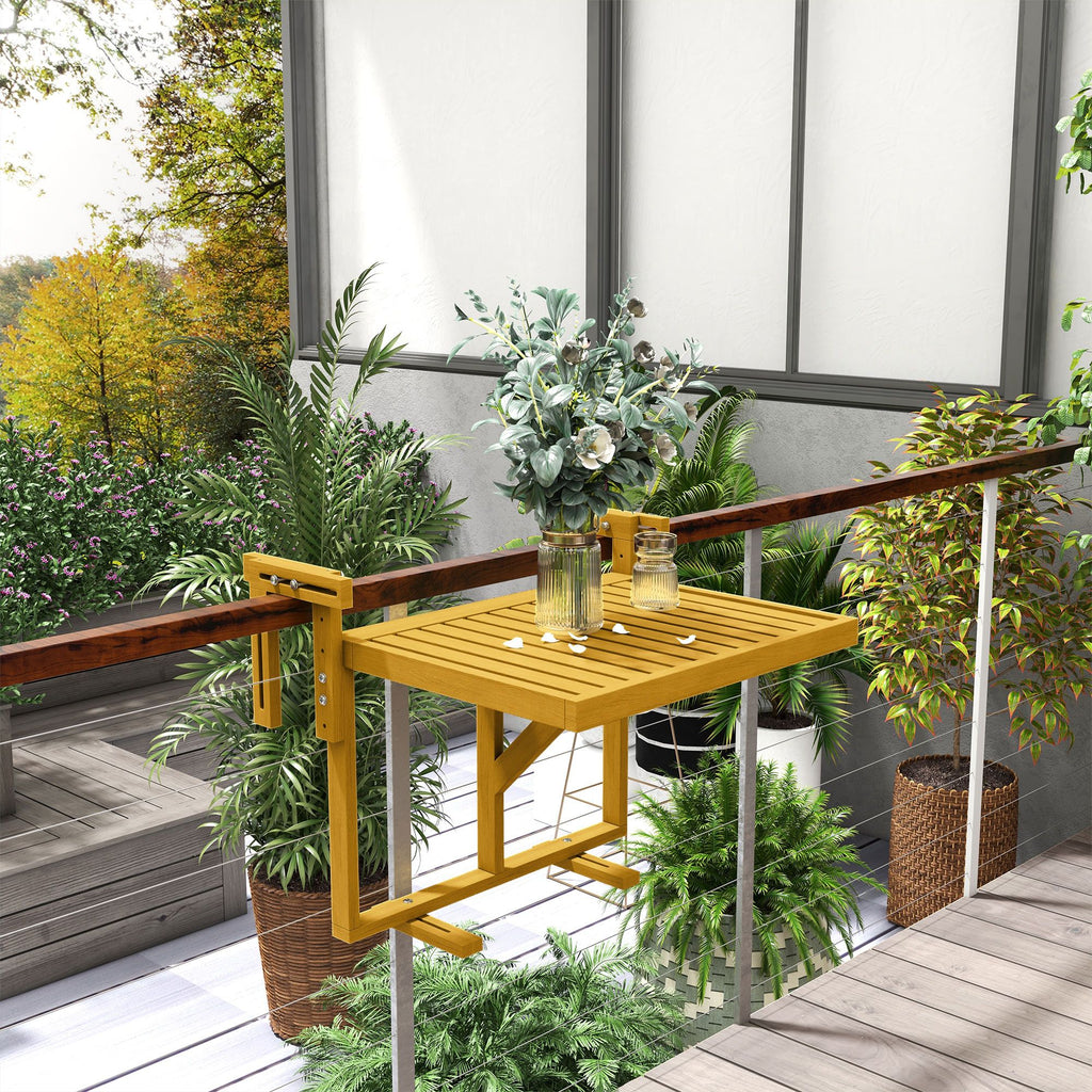 Yeah Depot - Outsunny Balcony Railing Table, Outdoor Folding Hanging Table / Desk, Space Saving 4 Height Adjustable Wood Balcony Bar Table for Serving Food, Flower Stand, Studying, Natural