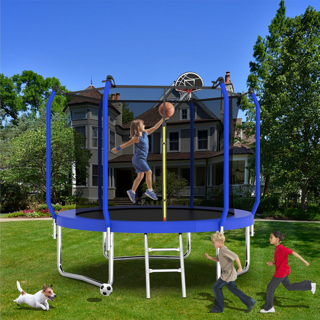 Yeah Depot - 8FT Trampoline with Basketball Hoop, ASTM Approved Reinforced Type Outdoor Trampoline with Enclosure Net