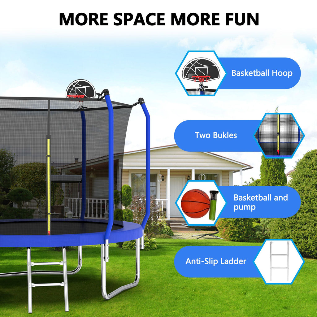 Yeah Depot - 8FT Trampoline with Basketball Hoop, ASTM Approved Reinforced Type Outdoor Trampoline with Enclosure Net