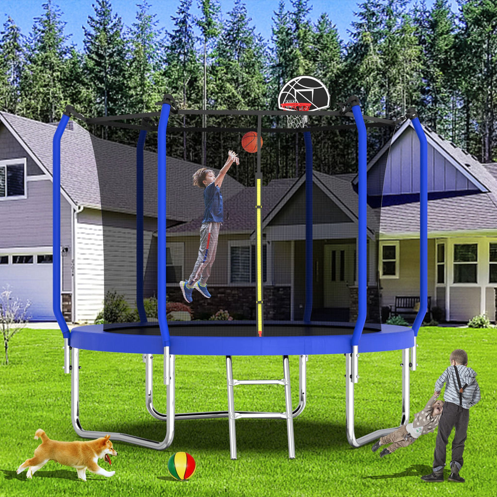 Yeah Depot - 10FT Trampoline with Basketball Hoop, ASTM Approved Reinforced Type Outdoor Trampoline with Enclosure Net