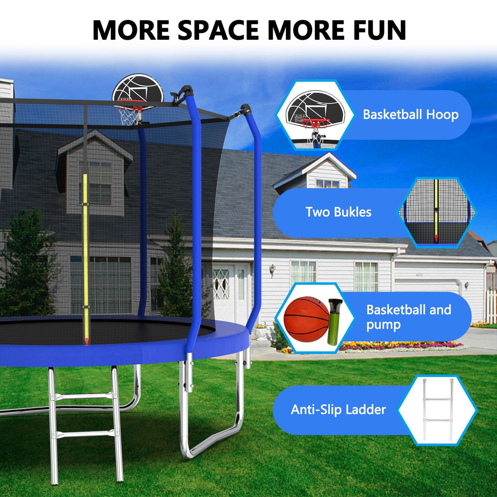Yeah Depot - 10FT Trampoline with Basketball Hoop, ASTM Approved Reinforced Type Outdoor Trampoline with Enclosure Net