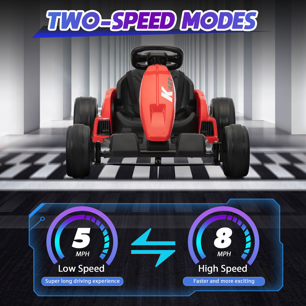 FX070 - 24V Electric Kids Go Kart, Battery Powered Outdoor Ride On Toy w/ 5 mph Max Speed, Music, Horn, Power Display, Protectors, Red and Black