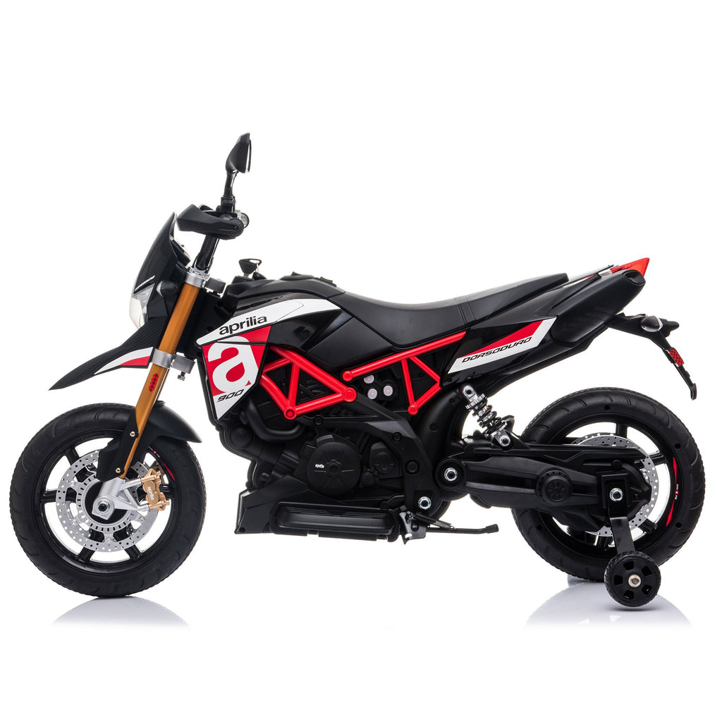 FX070 - 12V Aprilia Licensed Kids Ride On Motorcycle, 4-wheel Electric Dirt Bike with Spring Suspension, LED Lights, USB, MP3, Red