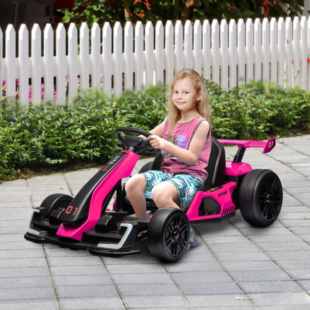 Yeah Depot - Aosom 24V 7.5 MPH Electric Go Kart with Adjustable Seat, Drifting Car Battery Powered Ride on Toy Outdoor with Slow Start, Button Start, Music, Honking Horn, Lights, for 6-12 Years Old, Pink