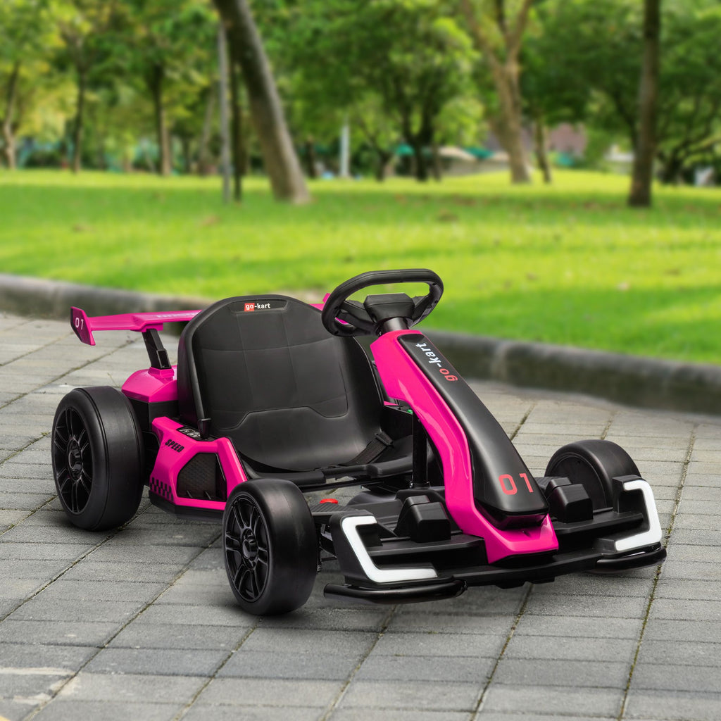 Yeah Depot - Aosom 24V 7.5 MPH Electric Go Kart with Adjustable Seat, Drifting Car Battery Powered Ride on Toy Outdoor with Slow Start, Button Start, Music, Honking Horn, Lights, for 6-12 Years Old, Pink
