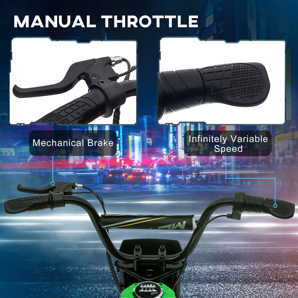 Yeah Depot - Aosom Electric Dirt Bike with Twist Grip Throttle, 24V 350W Off-Road Electric Motorcycle, Up to 15 MPH with Brake, Music Horn, Rear Suspension for Ages 13+ Years, Green