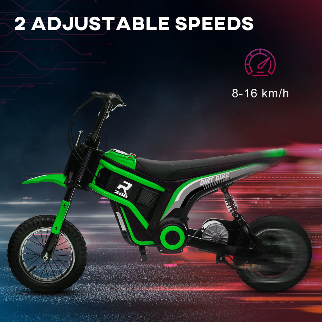 Yeah Depot - Aosom Electric Dirt Bike with Twist Grip Throttle, 24V 350W Off-Road Electric Motorcycle, Up to 15 MPH with Brake, Music Horn, Rear Suspension for Ages 13+ Years, Green