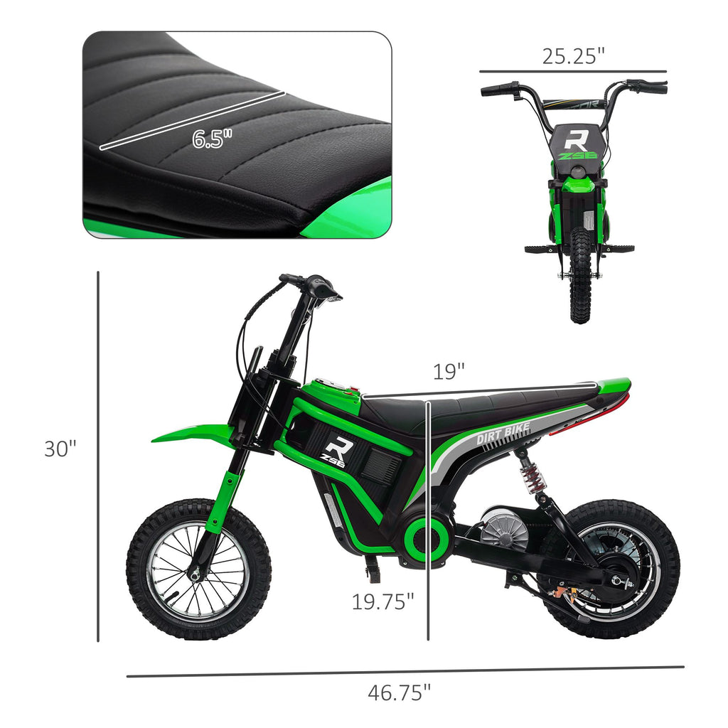 Yeah Depot - Aosom Electric Dirt Bike with Twist Grip Throttle, 24V 350W Off-Road Electric Motorcycle, Up to 15 MPH with Brake, Music Horn, Rear Suspension for Ages 13+ Years, Green