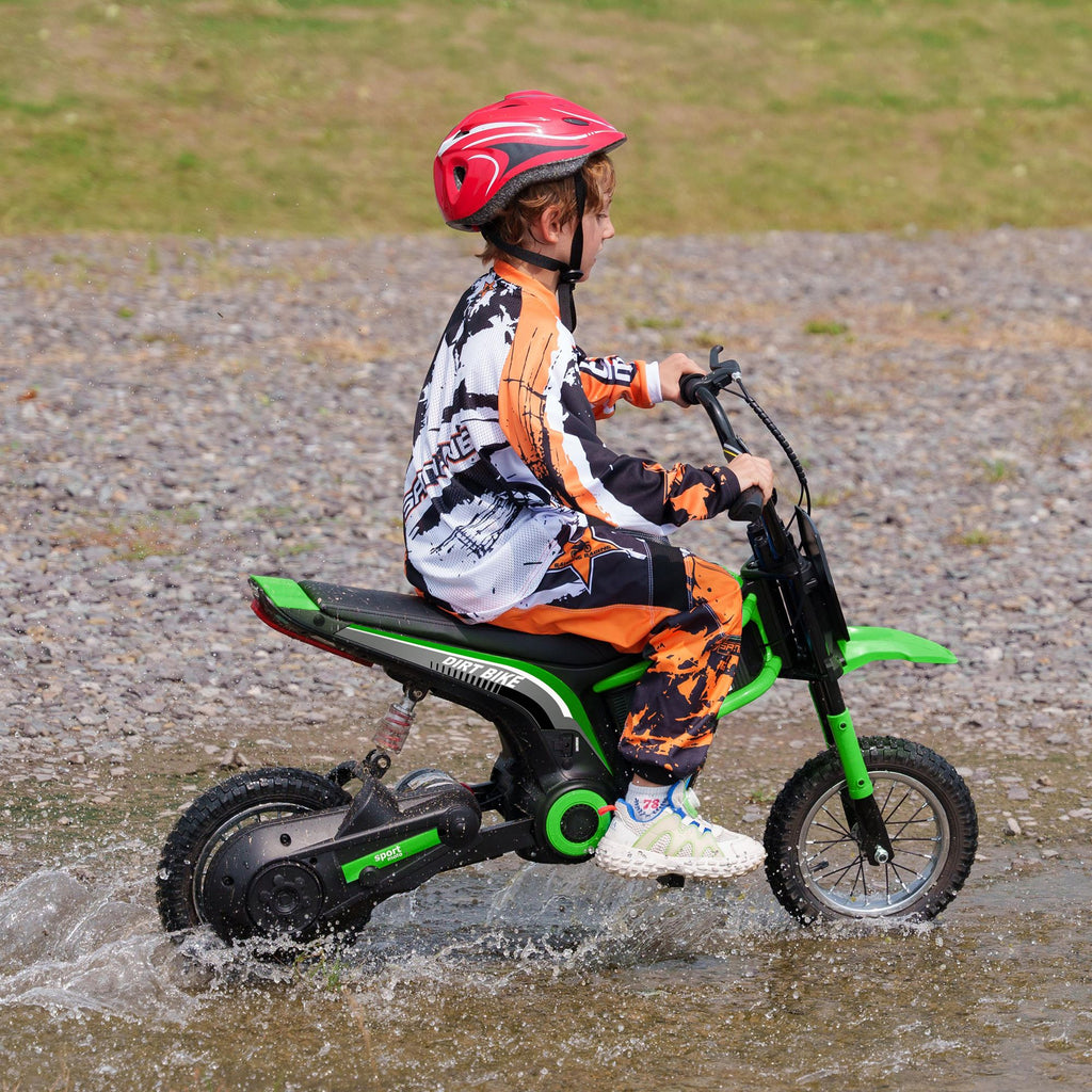Yeah Depot - Aosom Electric Dirt Bike with Twist Grip Throttle, 24V 350W Off-Road Electric Motorcycle, Up to 15 MPH with Brake, Music Horn, Rear Suspension for Ages 13+ Years, Green
