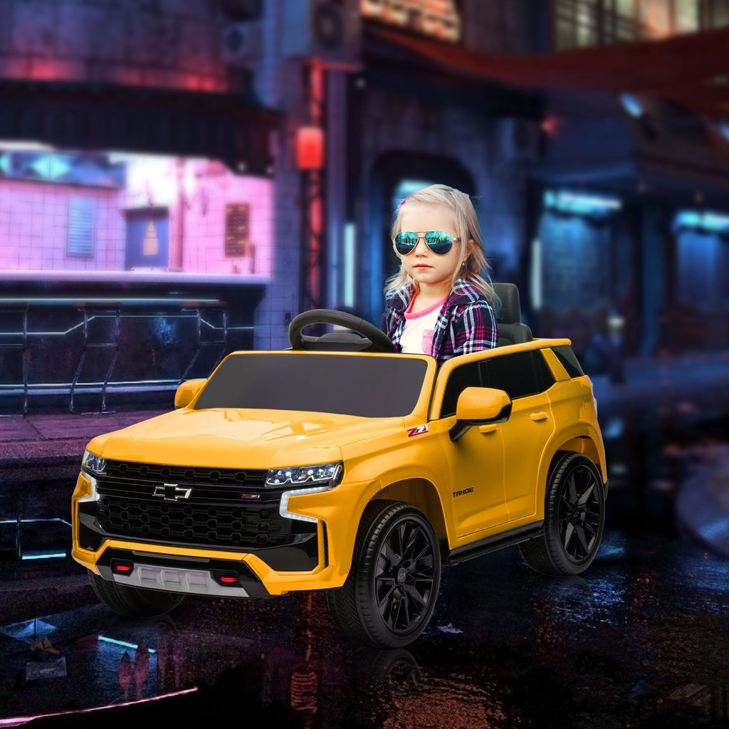 Yeah Depot - Aosom Chevrolet TAHOE Licensed Kids Ride on Car, 12V Battery Powered Kids Electric Car with Remote Control, 4-wheeler Suspension, Music, Lights, Horn, for Ages 3-6 Years Old, Yellow