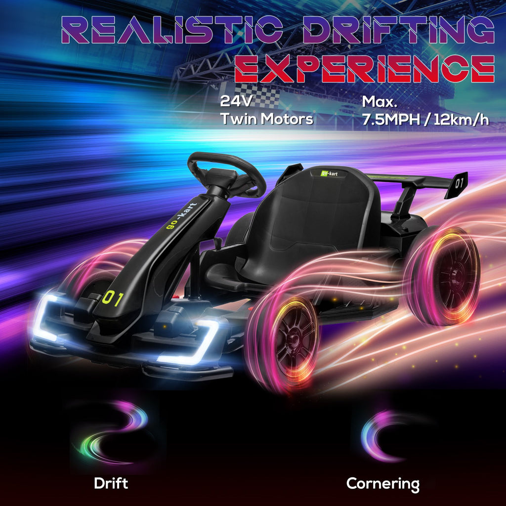 Yeah Depot - Aosom 24V 7.5 MPH Electric Go Kart with Adjustable Seat, Drifting Car Battery Powered Ride on Toy Outdoor with Slow Start, Button Start, Music, Honking Horn, Lights, for 6-12 Years Old, Black