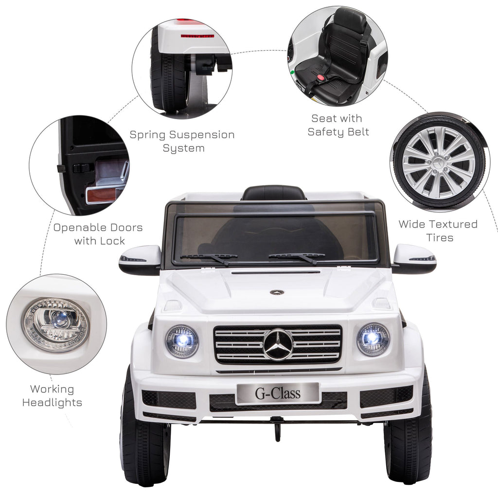 Yeah Depot - Aosom 12V Kids Electric Car, Mercedes Benz G500 Licensed Battery Powered Ride on Truck for Kids with Remote Control, Headlights, Music, Suspension & Storage for Boys and Girls, White