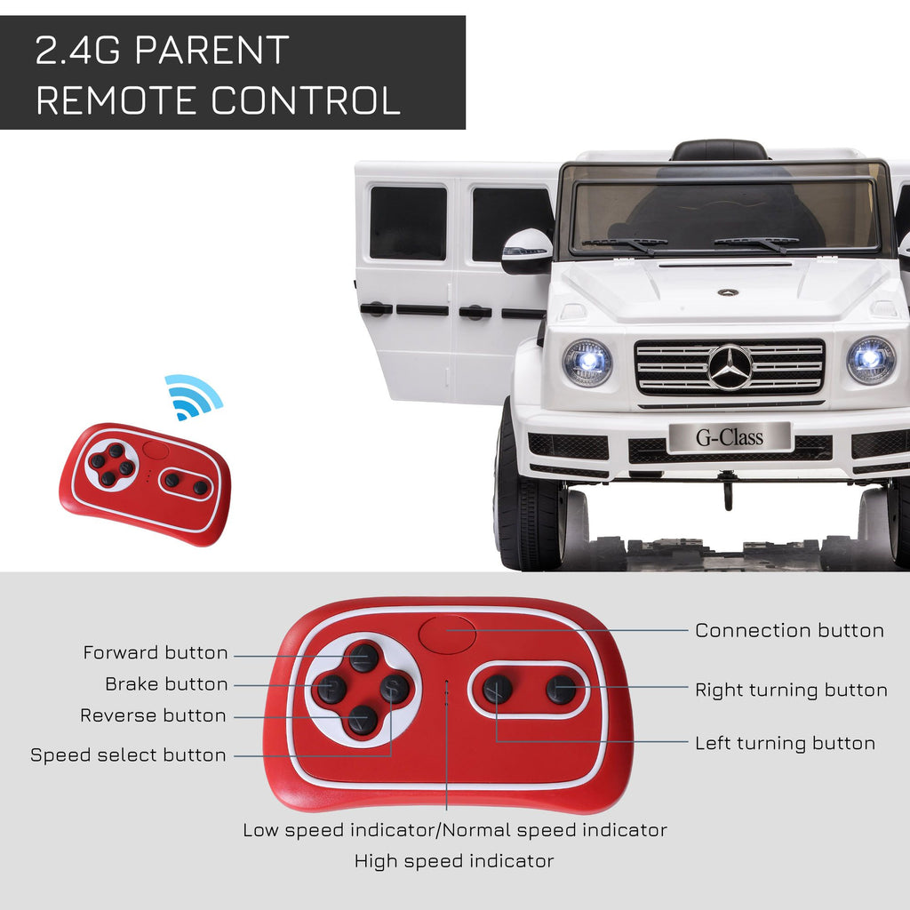 Yeah Depot - Aosom 12V Kids Electric Car, Mercedes Benz G500 Licensed Battery Powered Ride on Truck for Kids with Remote Control, Headlights, Music, Suspension & Storage for Boys and Girls, White