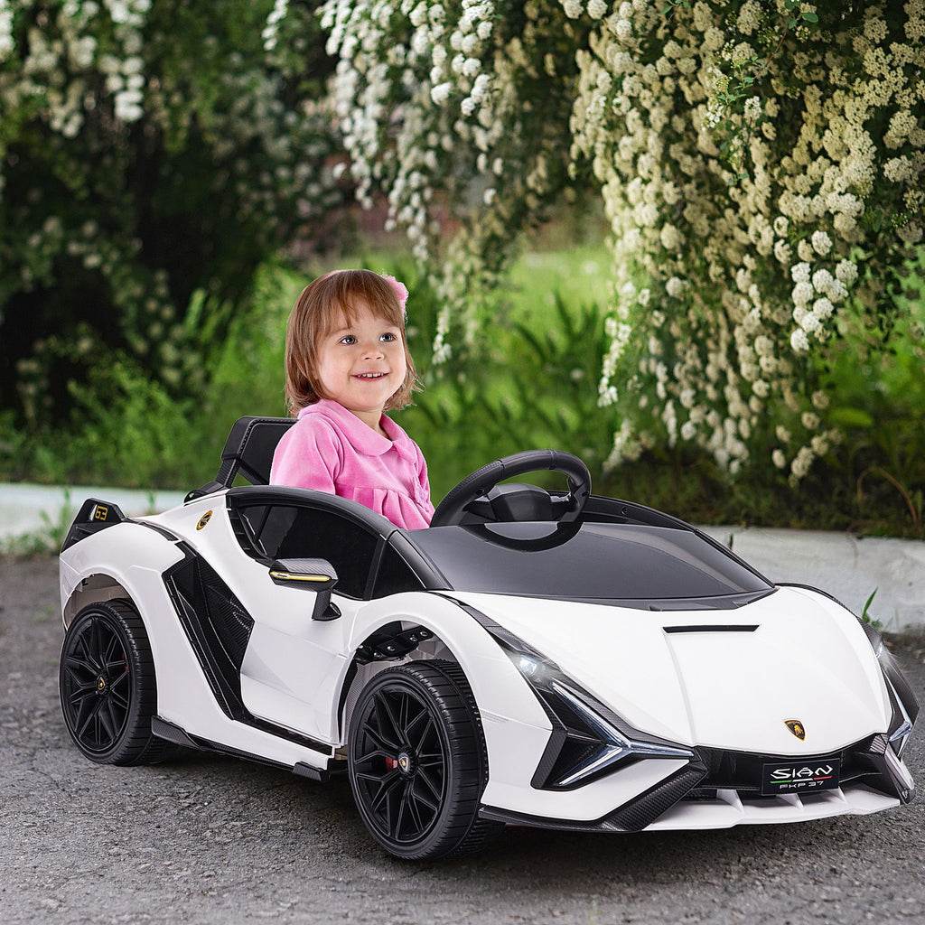 Yeah Depot - Aosom Lamborghini SIAN Licensed Kids Ride On Car, 12V Battery Powered Electric Sports Car Toy with Remote Control, Horn, Music, & Headlights, White