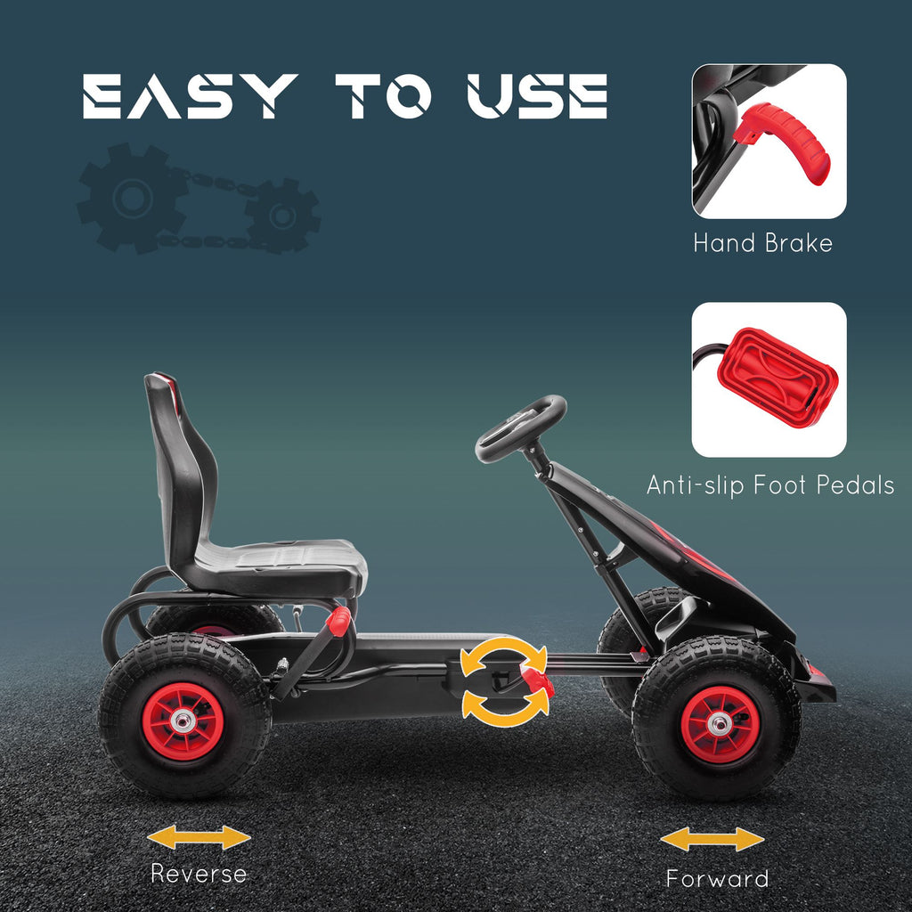 Yeah Depot - Aosom Kids Pedal Go Kart Ride-on Toy with Ergonomic Comfort, Pedal Car with Tough, Wear-Resistant Tread, Go Cart Kids Car for Boys & Girls with Suspension System, Safety Hand Brake, Ages 5-12, Red