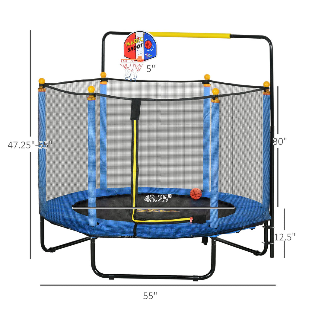 Yeah Depot - Qaba 4.6' Kids Trampoline with Basketball Hoop, Horizontal Bar, 55'' Indoor Trampoline with Net, Small Springfree Trampoline Gifts for Kids Toys, Ages 3-10, Blue