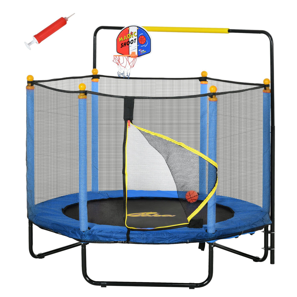 Yeah Depot - Qaba 4.6' Kids Trampoline with Basketball Hoop, Horizontal Bar, 55'' Indoor Trampoline with Net, Small Springfree Trampoline Gifts for Kids Toys, Ages 3-10, Blue
