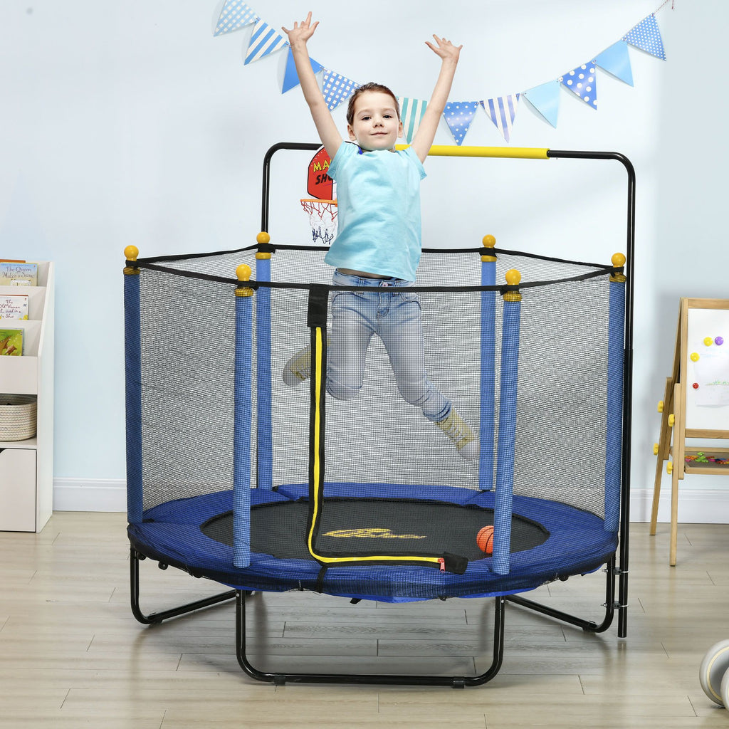 Yeah Depot - Qaba 4.6' Kids Trampoline with Basketball Hoop, Horizontal Bar, 55'' Indoor Trampoline with Net, Small Springfree Trampoline Gifts for Kids Toys, Ages 3-10, Blue
