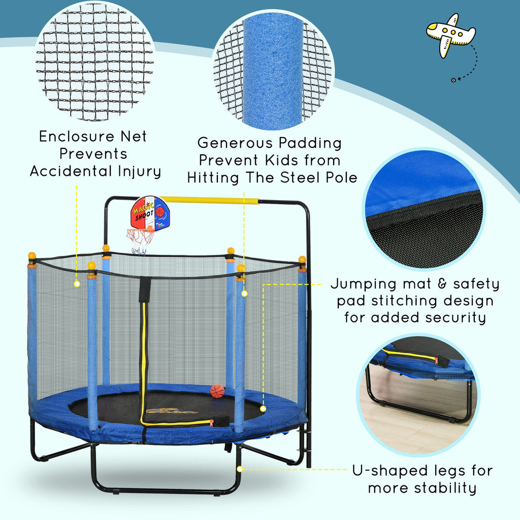 Yeah Depot - Qaba 4.6' Kids Trampoline with Basketball Hoop, Horizontal Bar, 55'' Indoor Trampoline with Net, Small Springfree Trampoline Gifts for Kids Toys, Ages 3-10, Blue
