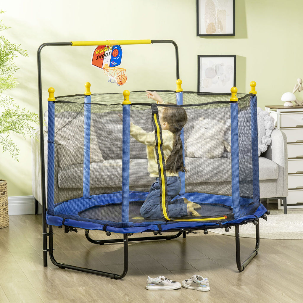 Yeah Depot - Qaba 4.6' Kids Trampoline with Basketball Hoop, Horizontal Bar, 55'' Indoor Trampoline with Net, Small Springfree Trampoline Gifts for Kids Toys, Ages 3-10, Blue