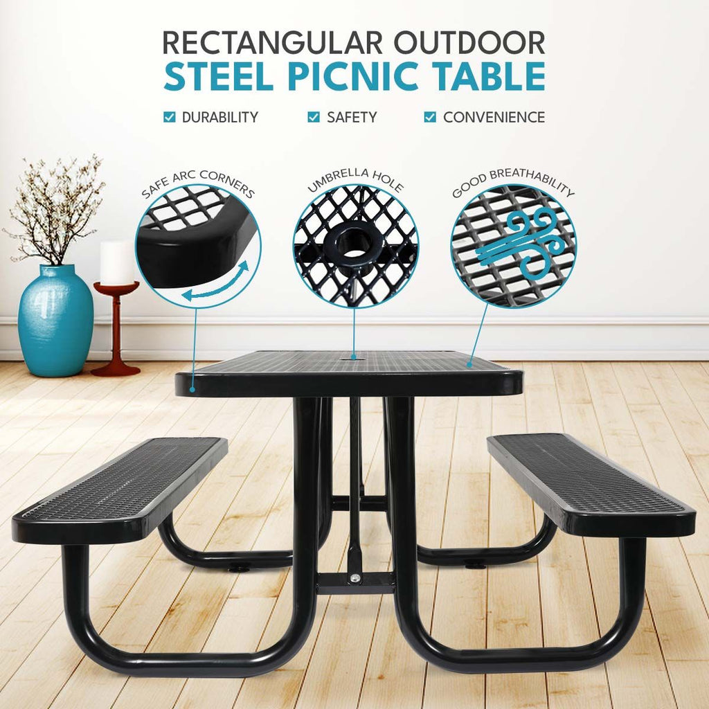 Yeah Depot - 6 ft. Rectangular Outdoor Steel Picnic Table with umbrella pole in Black