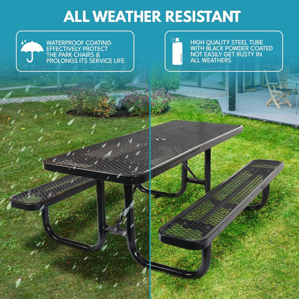 Yeah Depot - 6 ft. Rectangular Outdoor Steel Picnic Table with umbrella pole in Black