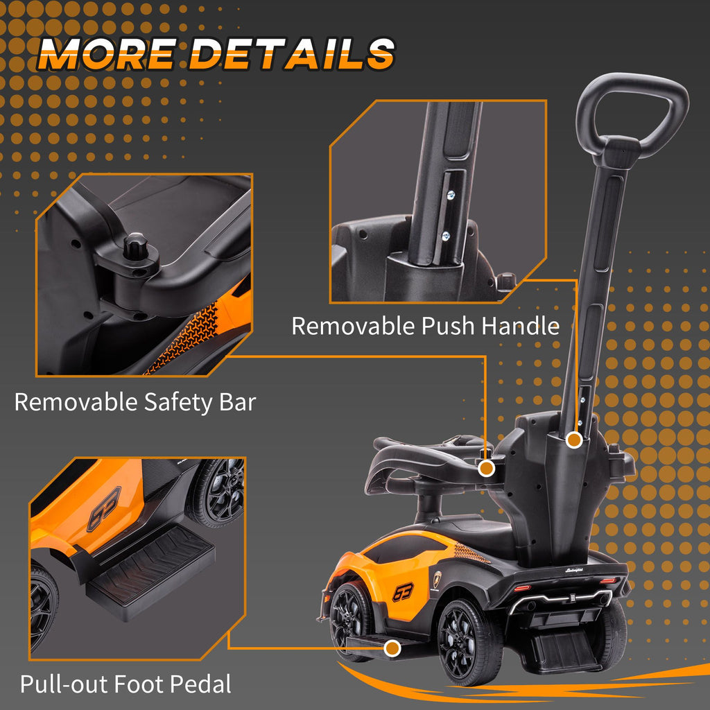Yeah Depot - Aosom 2-in-1 Ride On Push Car for Toddlers 1-3, Licensed Lamborghini Stroller Sliding Car, Push-Along with Under Seat Storage Horn Engine Sound and Steering Wheel, Manual, Orange