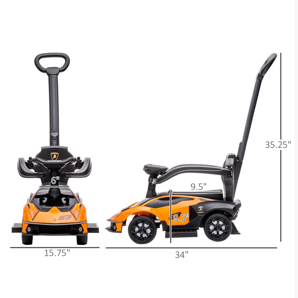 Yeah Depot - Aosom 2-in-1 Ride On Push Car for Toddlers 1-3, Licensed Lamborghini Stroller Sliding Car, Push-Along with Under Seat Storage Horn Engine Sound and Steering Wheel, Manual, Orange