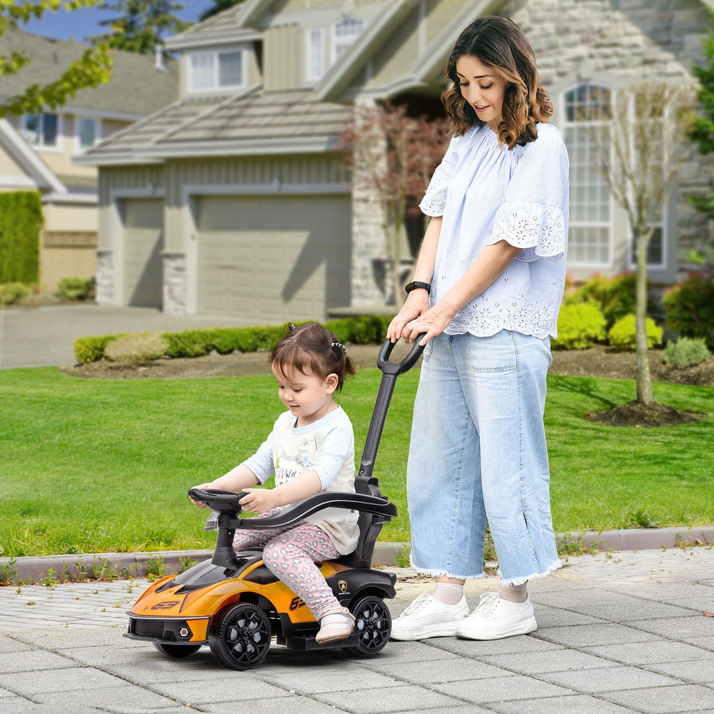 Yeah Depot - Aosom 2-in-1 Ride On Push Car for Toddlers 1-3, Licensed Lamborghini Stroller Sliding Car, Push-Along with Under Seat Storage Horn Engine Sound and Steering Wheel, Manual, Orange