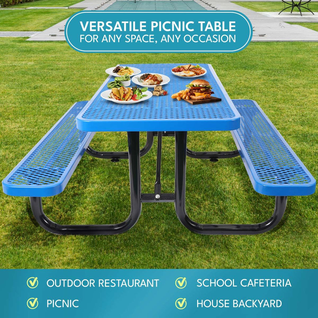 Yeah Depot - 6 ft. Rectangular Outdoor Steel Picnic Table with umbrella pole in Blue