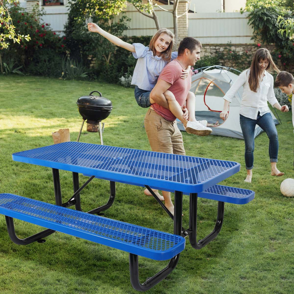 Yeah Depot - 6 ft. Rectangular Outdoor Steel Picnic Table with umbrella pole in Blue
