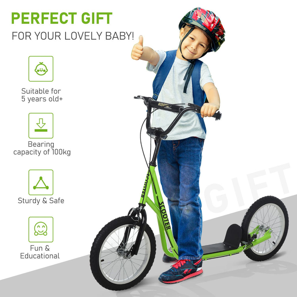 Yeah Depot - Aosom Youth Scooter Kick Scooter for Kids 5+ with Adjustable Handlebar 16'' Front and Rear Dual Brakes Inflatable Wheels, Light Green
