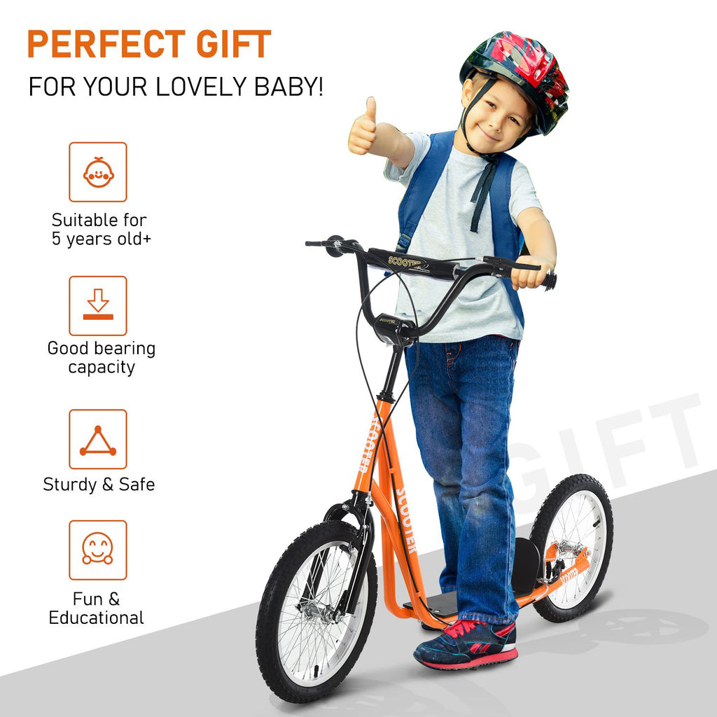 Yeah Depot - Aosom Youth Scooter Kick Scooter for Kids 5+ with Adjustable Handlebar 16'' Front and Rear Dual Brakes Inflatable Wheels, Orange