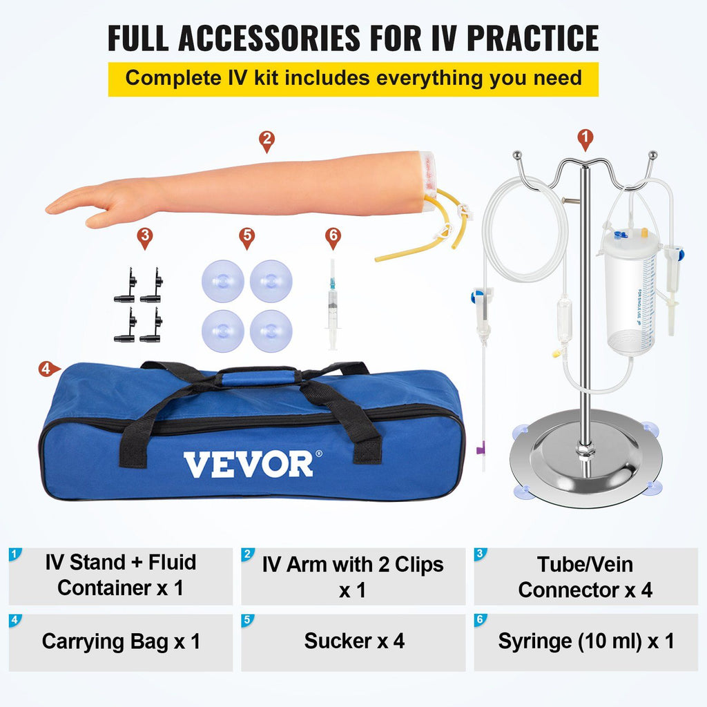 VEVOR 12 PCS Phlebotomy Practice Kit, IV Venipuncture Intravenous Training, High Simulation IV Practice Arm Kit with Carrying Bag, Practice and Perfect IV Skills, for Students Nurses and Professionals