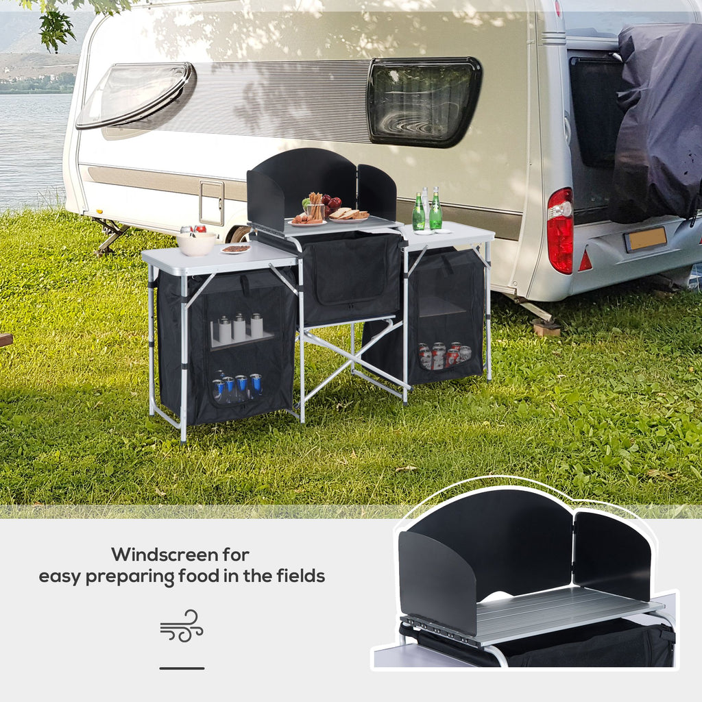 Yeah Depot - Outsunny Aluminum Portable Camping Kitchen Fold-Up Cooking Table With Windscreen and 3 Enclosed Cupboards for BBQ, Party, Picnics, Backyards