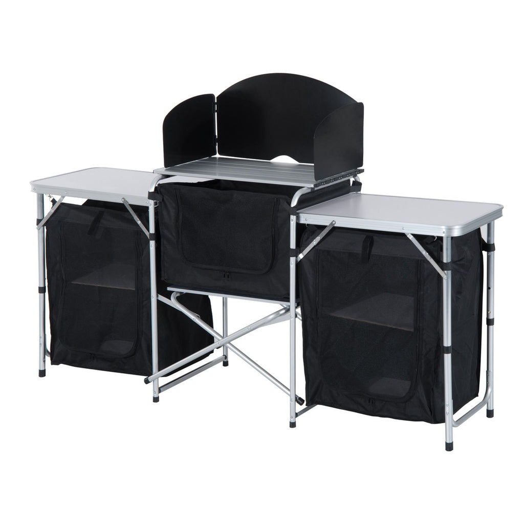 Yeah Depot - Outsunny Aluminum Portable Camping Kitchen Fold-Up Cooking Table With Windscreen and 3 Enclosed Cupboards for BBQ, Party, Picnics, Backyards