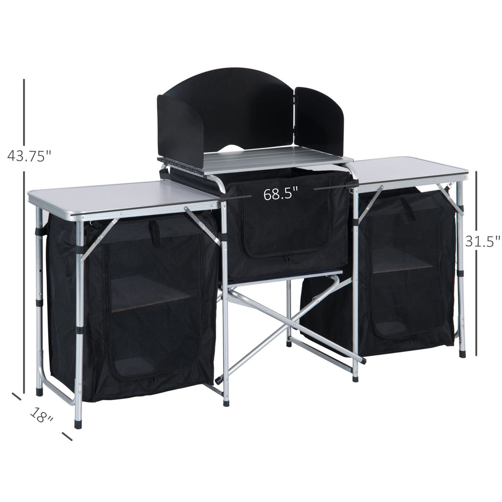 Yeah Depot - Outsunny Aluminum Portable Camping Kitchen Fold-Up Cooking Table With Windscreen and 3 Enclosed Cupboards for BBQ, Party, Picnics, Backyards