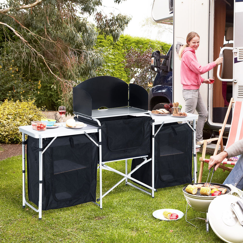 Yeah Depot - Outsunny Aluminum Portable Camping Kitchen Fold-Up Cooking Table With Windscreen and 3 Enclosed Cupboards for BBQ, Party, Picnics, Backyards