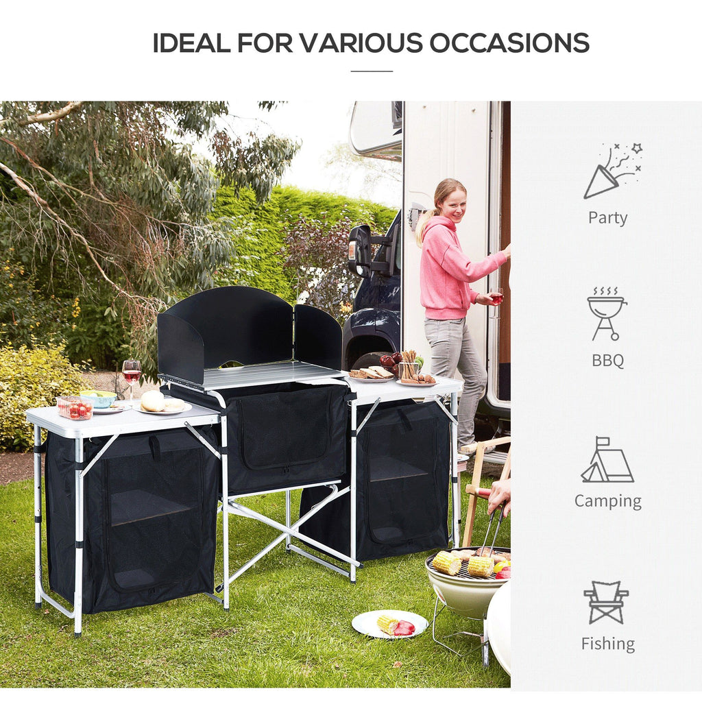 Yeah Depot - Outsunny Aluminum Portable Camping Kitchen Fold-Up Cooking Table With Windscreen and 3 Enclosed Cupboards for BBQ, Party, Picnics, Backyards
