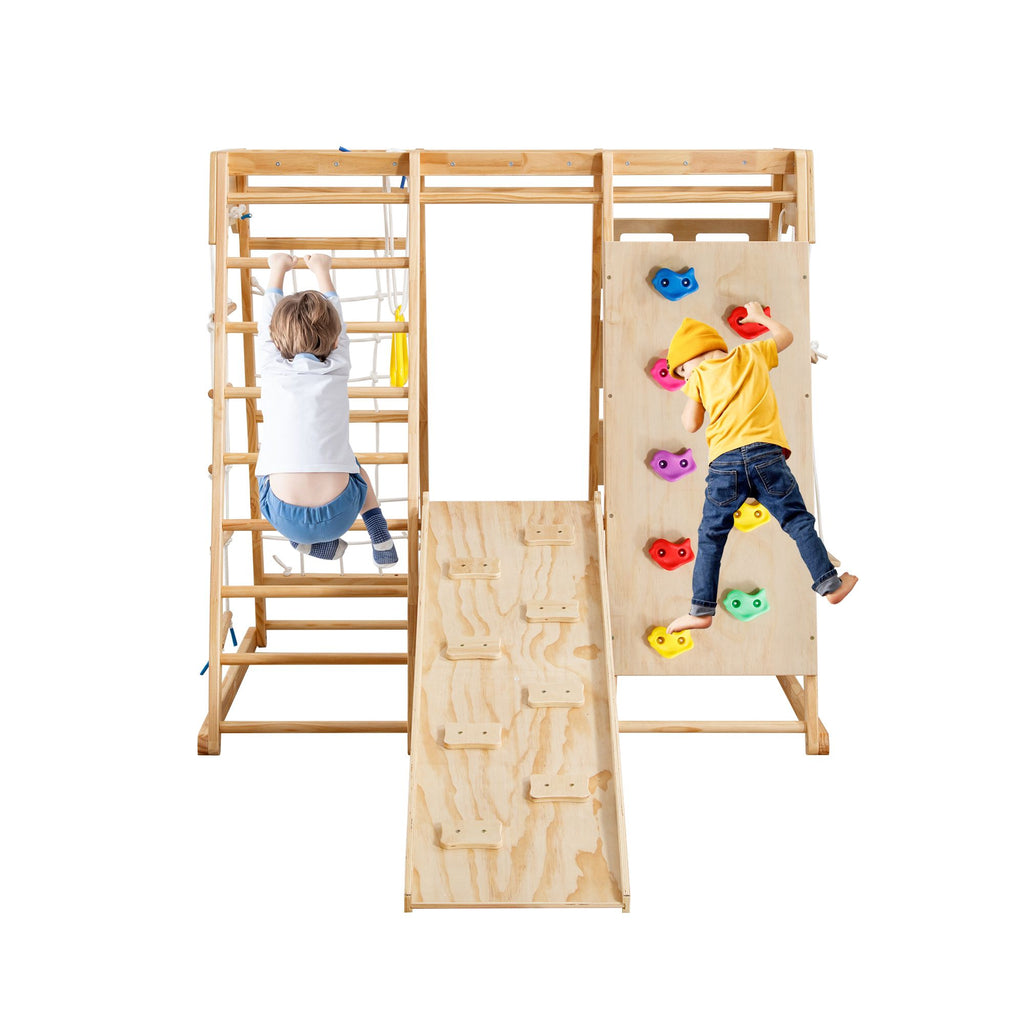 Yeah Depot - Toddler Indoor Wooden Gym 8 in 1 Indoor Playground Climbing Toy Set with Slide Swing Climbing Net Rings, Kids Indoor Playground Climbing Toys