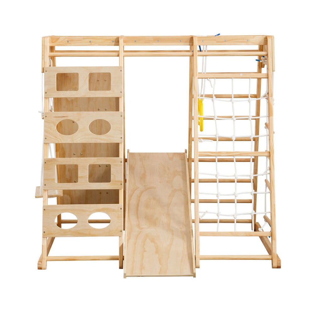 Yeah Depot - Toddler Indoor Wooden Gym 8 in 1 Indoor Playground Climbing Toy Set with Slide Swing Climbing Net Rings, Kids Indoor Playground Climbing Toys